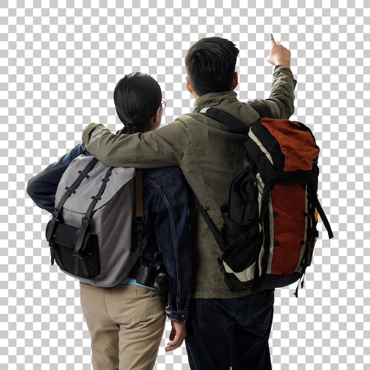 PSD parejas de viajeros con la mochila de fondo transparente pnge aventura y viaje en el concepto de la región de las montañas