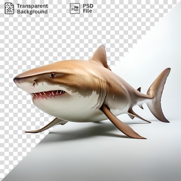 PSD parfait d'un requin blanc avec un œil marron et une oreille pointue capturé en gros plan avec une ombre sombre en arrière-plan
