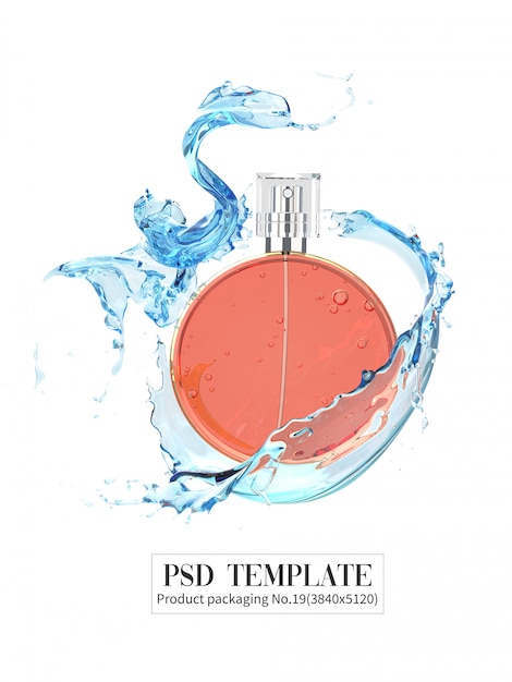 PSD parfum orange avec des éclaboussures d’eau sur fond blanc 3d render