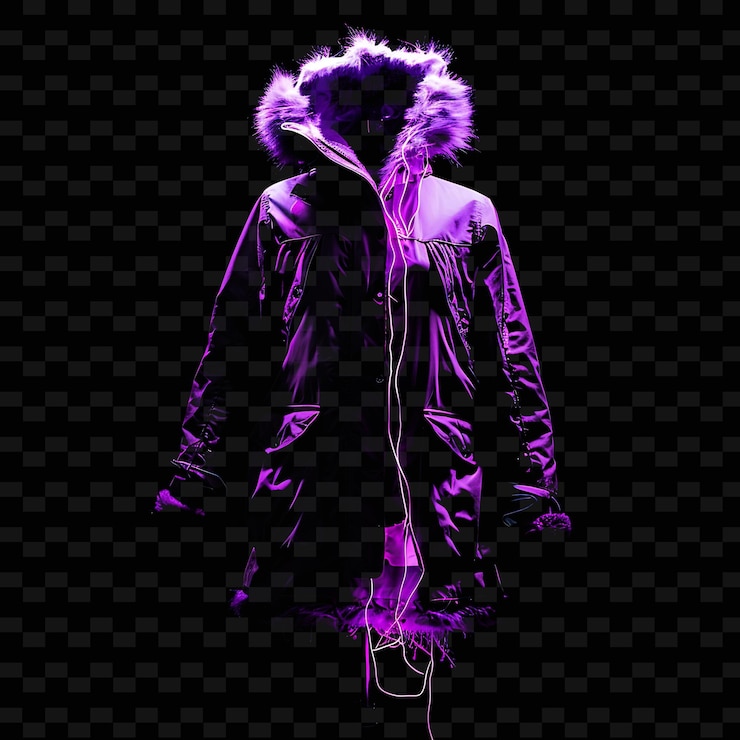 PSD parka mit pelzgeschnittener kapuze, gefertigt mit rayon voile, leuchtend in png, einzigartige neon-mode-kleidung