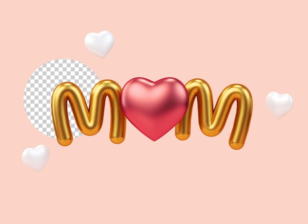 Parola d'oro isolata della mamma con i cuori per i disegni grafici della festa della mamma
