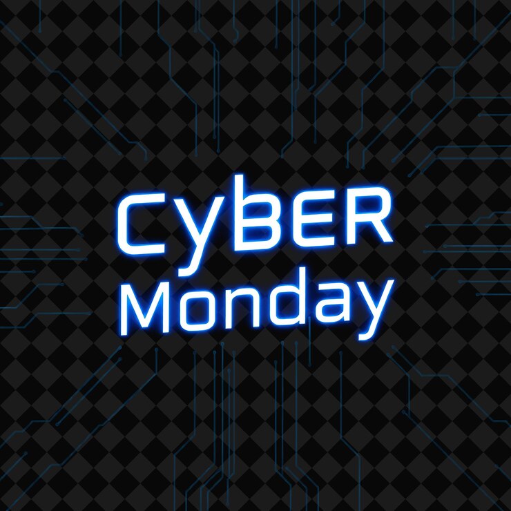 PSD parpadeando cyber lunes texto parpadea en neón azul brillante y ciano con circuitos digitales ciberespacio ba