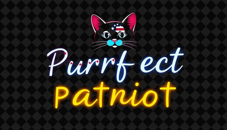 PSD parpadeando purrfect patriot texto parpadea en rojo neón y amarillo brillante gato brillante con américa