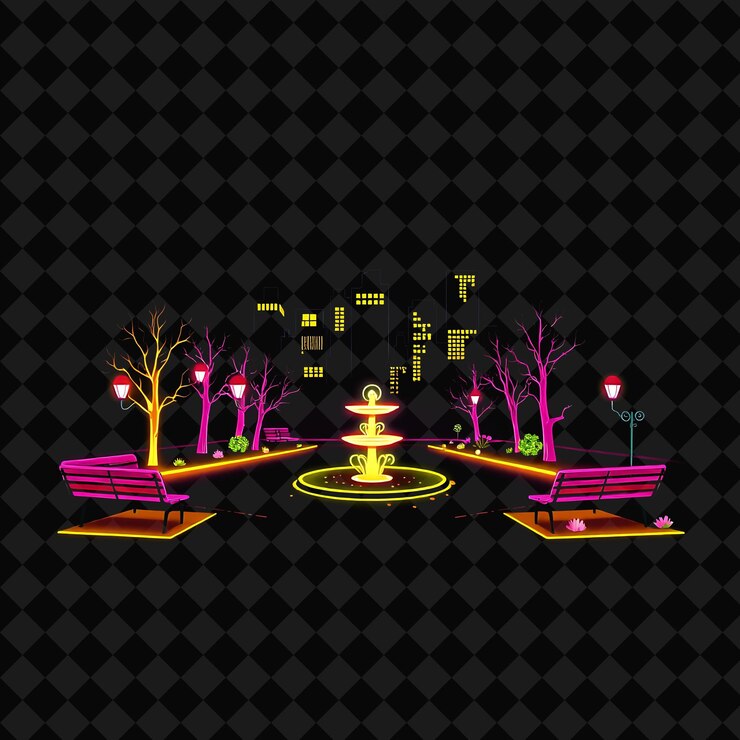 PSD parque de la ciudad de neón reluciente dentro de una silueta cuadrada de bancos brillantes alineados un parque kawaii con un pequeño fo