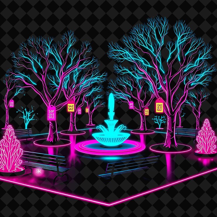 PSD parque futurista de neón parpadeante dentro de una plaza de silueta con árboles brillantes y bancos adornados con w