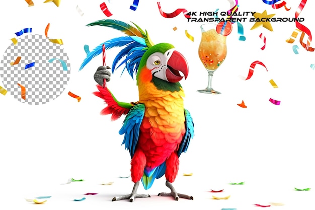 PSD parrot de fiesta de dibujos animados divertido con vaso de cóctel en fondo transparente