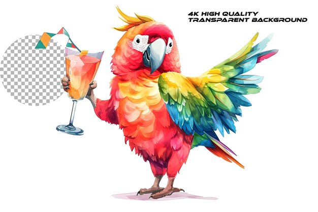 PSD parrot de fiesta de dibujos animados gracioso con vaso de cóctel en fondo transparente 1600