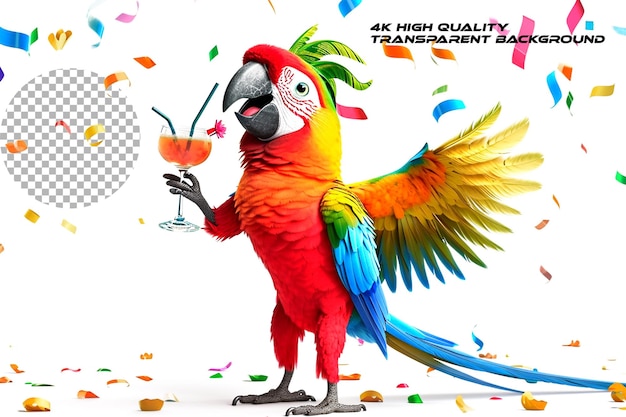 PSD parrot de fiesta de dibujos animados gracioso con vaso de cóctel en fondo transparente 1600