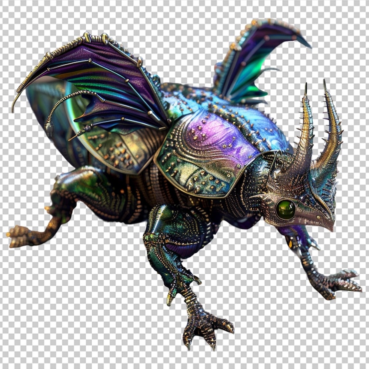 PSD parte dragón parte escarabajo alta resolución realista azul verde púrpura plata concha detalles ultrafinos