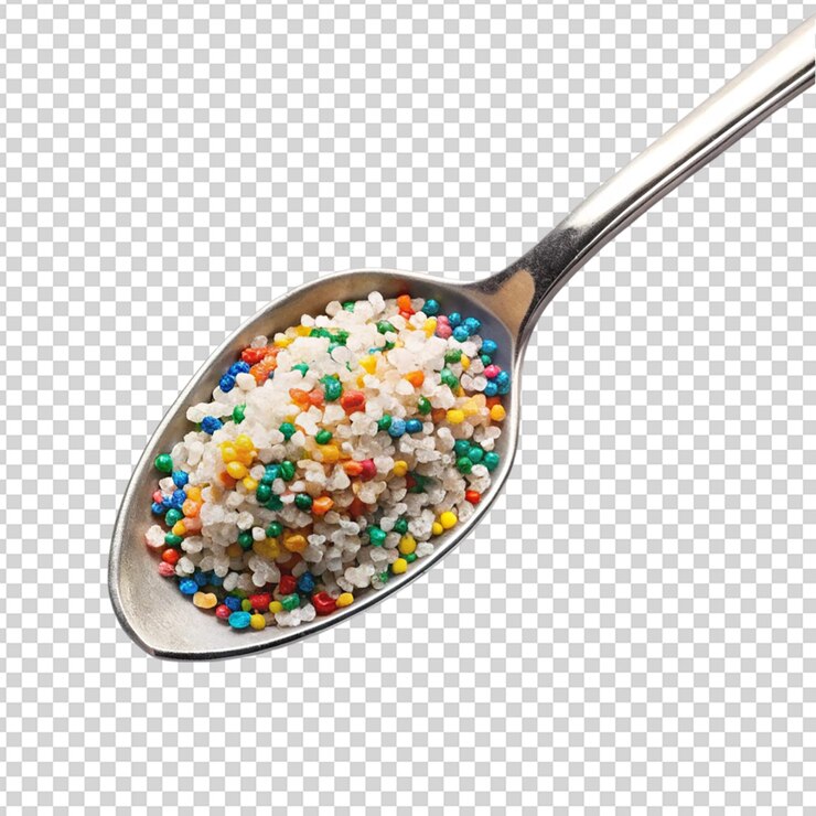 PSD partículas microplásticas en una cuchara aisladas sobre un fondo transparente