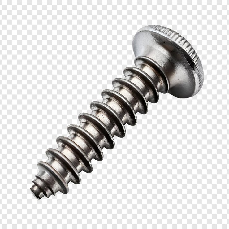 PSD partita di macchine hardware industriali a vite metalliche vista ravvicinata isolata su trasparente