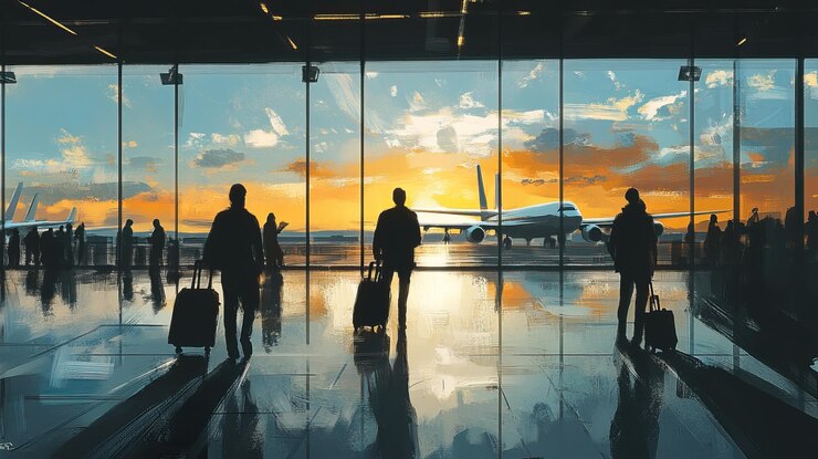 PSD pasajeros viendo la puesta de sol en el aeropuerto