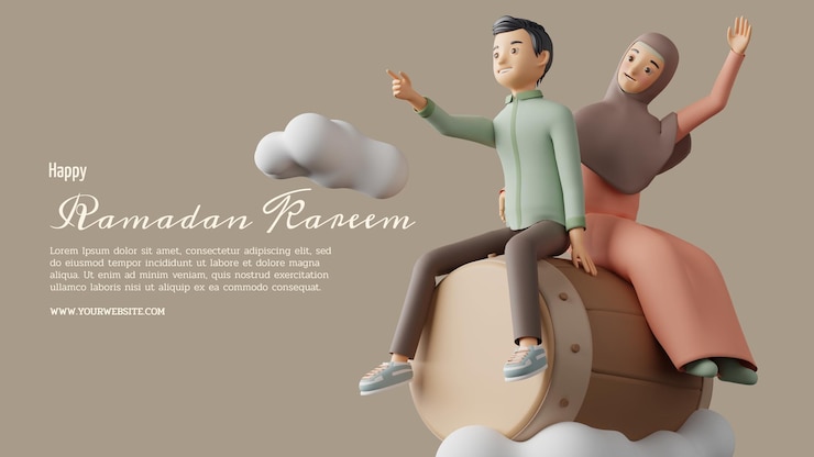 PSD pasangan muslim selamat idul fitri mubarak ilustrasi 3d