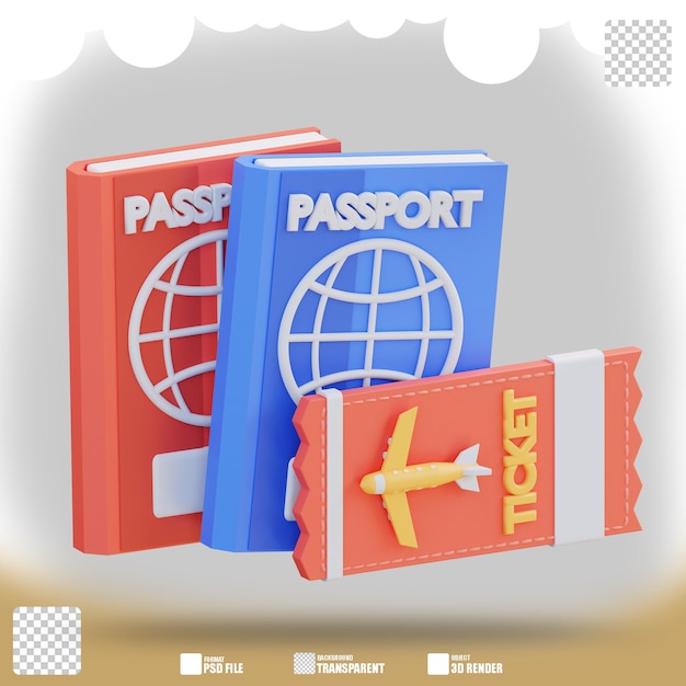 Pasaporte de ilustración 3D y boleto de avión 2