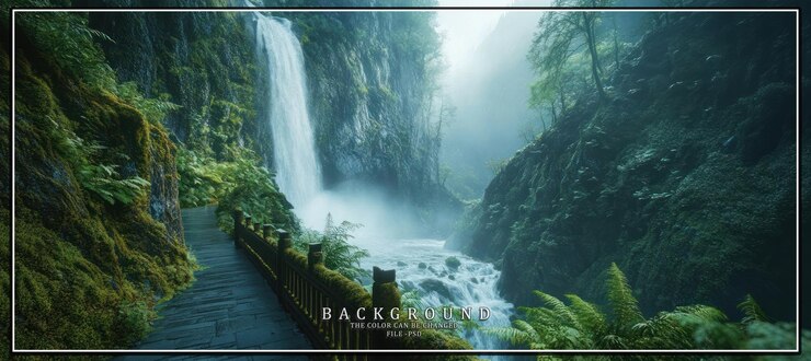 PSD una pasarela de madera conduce a una cascada de niebla que cae en cascada por un exuberante cañón verde