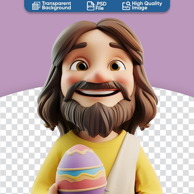 PSD una pascua alegre con jesús sonriente sosteniendo un huevo de pascua 3d ilustración de dibujos animados simple.