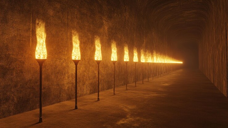 PSD un pasillo débilmente iluminado alineado con antorchas en llamas