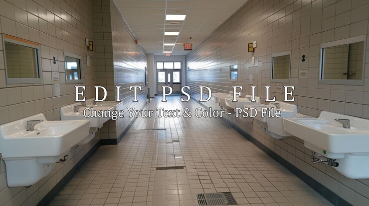 PSD pasillo de la escuela con fregaderos y suelo de azulejos