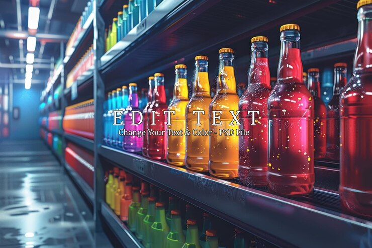 PSD un pasillo de supermercado brillantemente iluminado lleno de filas de botellas de vidrio de colores de refresco