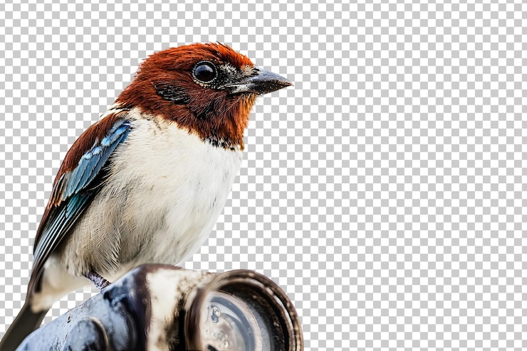 PSD pássaro colorido empoleirado em um poste de metal isolado em fundo transparente