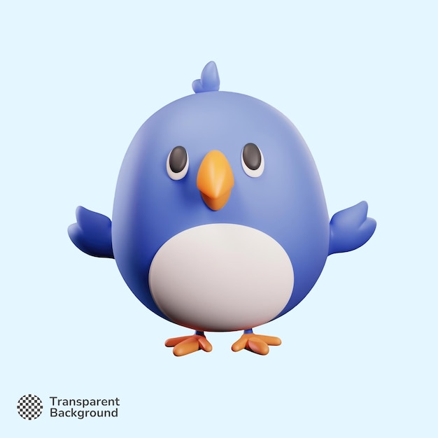 Pássaro de desenho animado azul redondo e bonito em 3D