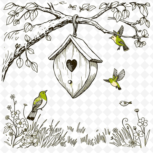 Pássaros e Birdhouse na Primavera