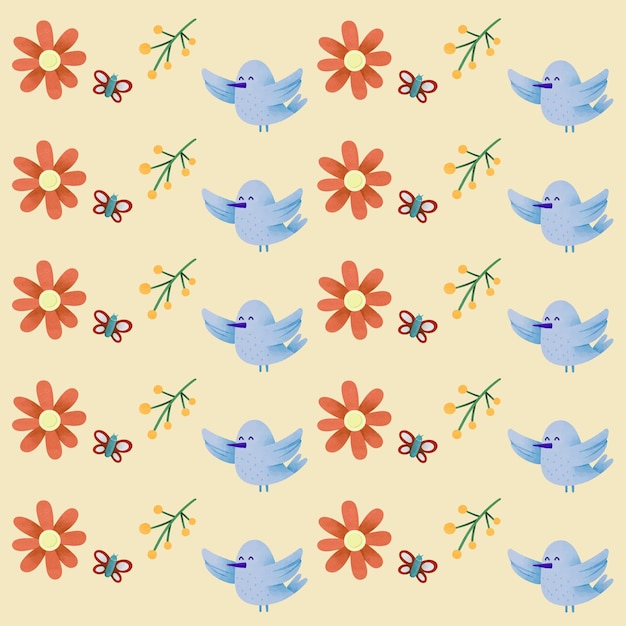 Pássaros, flores e borboletas, um desenho alegre da primavera