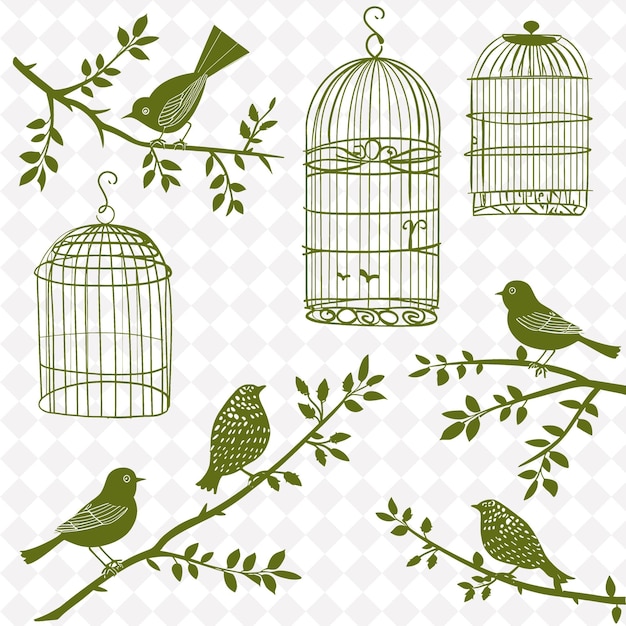 PSD pássaros numa gaiola com pássaros num fundo branco