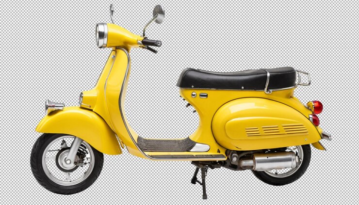 PSD passeios de scooter amarelo sob um céu limpo