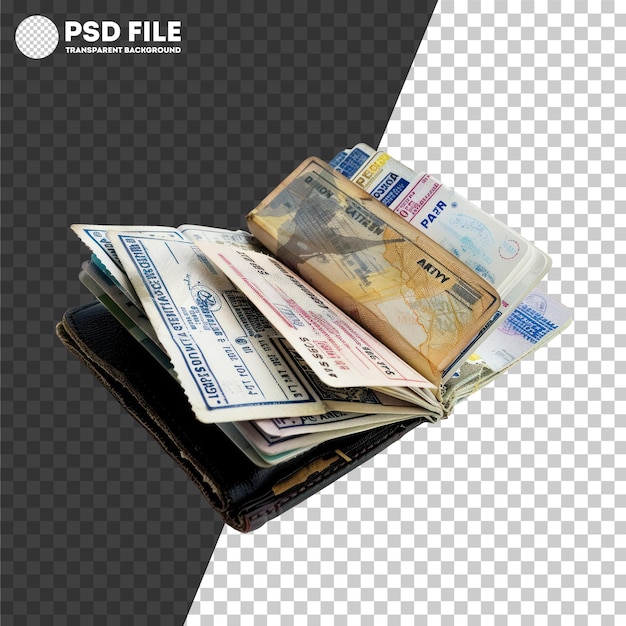 Passeports et portefeuilles empilés avec des visas de voyage