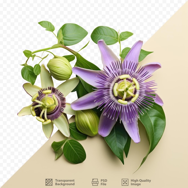 PSD passiflora edulis de cores vivas exibida contra um fundo transparente cercado por um espaço em branco