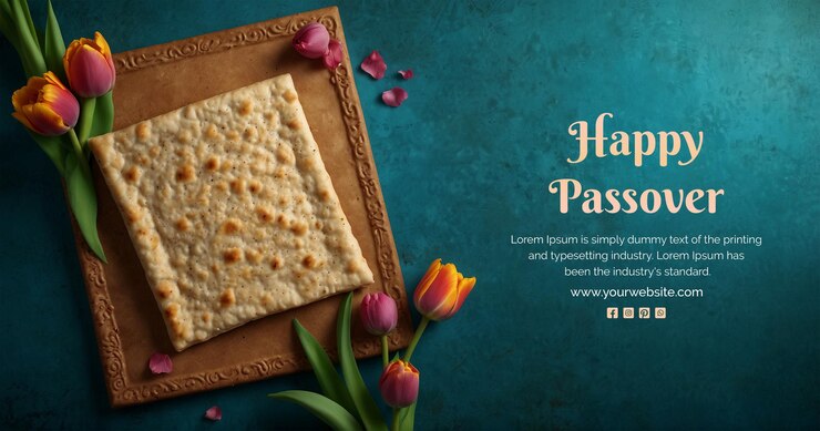 PSD passover concept matzah bread and tulip flowers decoration on aqua texture background