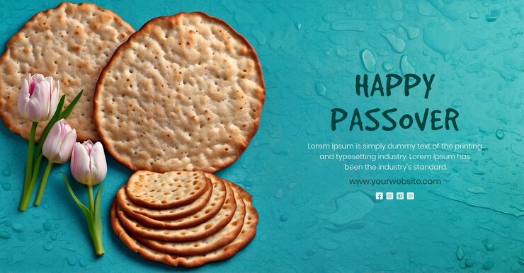 PSD passover concept matzah bread and tulip flowers decoration on aqua texture background