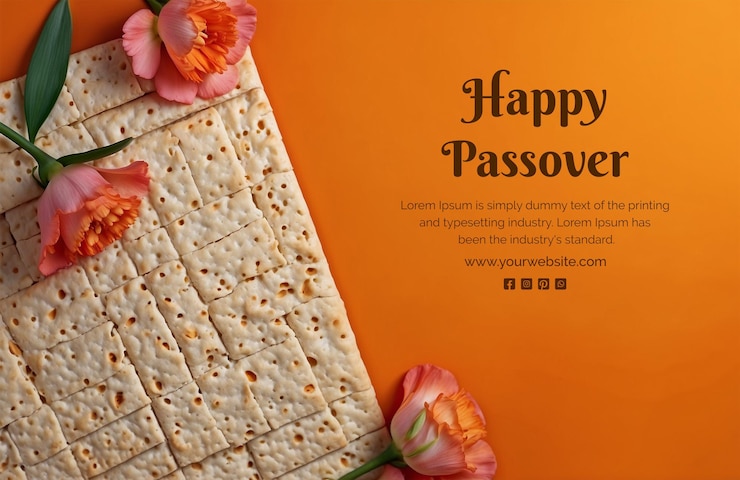 PSD passover concept matzah bread with kosher walnut and flowers decoration on orange texture background