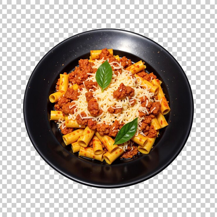 PSD pasta com molho de carne e queijo em fundo transparente