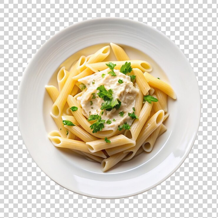PSD pasta cremosa en un plato blanco vista superior aislada sobre un fondo transparente