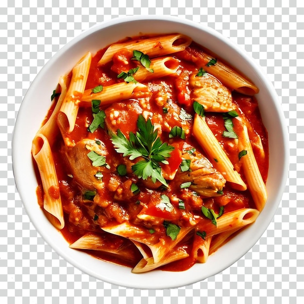 PSD pasta de penne em molho de tomate com frango em fundo transparente