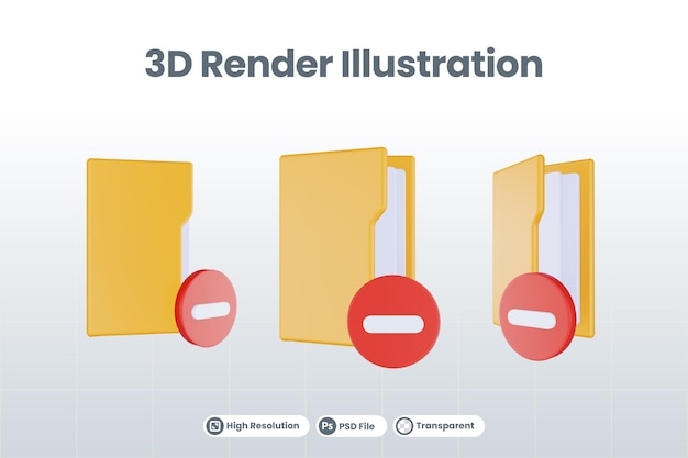 PSD pasta de renderização 3d menos ícone com pasta de arquivo laranja e menos vermelho