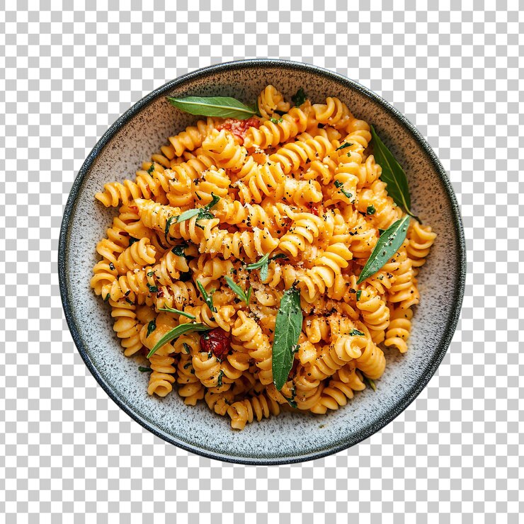 PSD pasta di fusilli con basilico fresco e condimenti in una ciotola di ceramica su uno sfondo trasparente