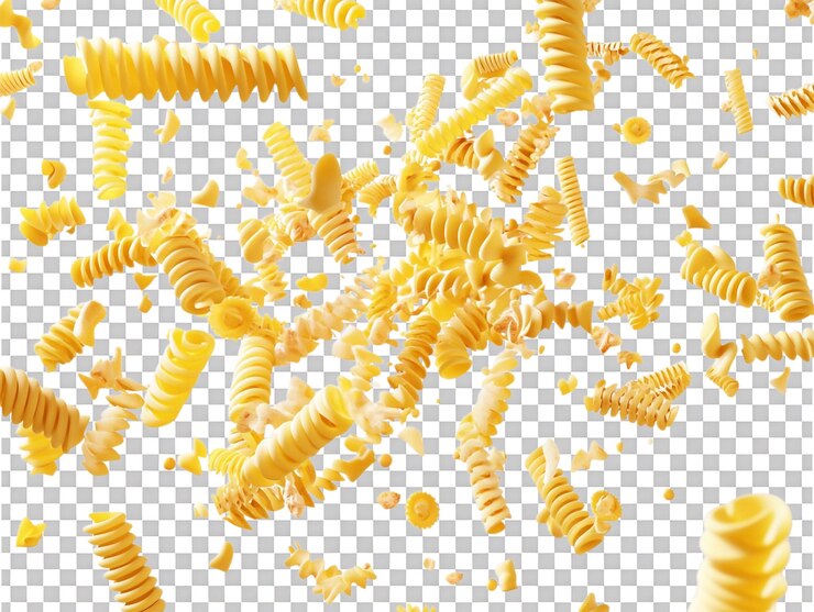 Pasta éparpillée sur un fond transparent pour des livres de recettes de photographie alimentaire ou des présentations culinaires