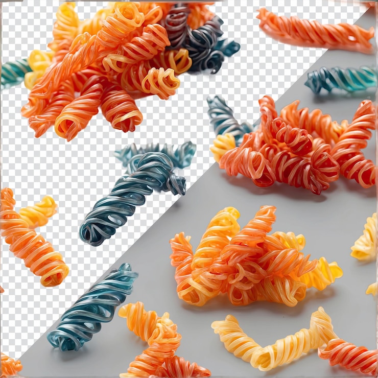 PSD pasta de fusilli de color aislada en un fondo transparente