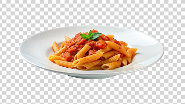 Pasta de penna con salsa de tomate en un plato blanco aislado sobre un fondo transparente