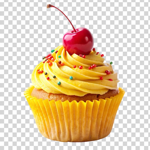 Pastel amarillo en cereza roja con salpicaduras aislado en un fondo transparente