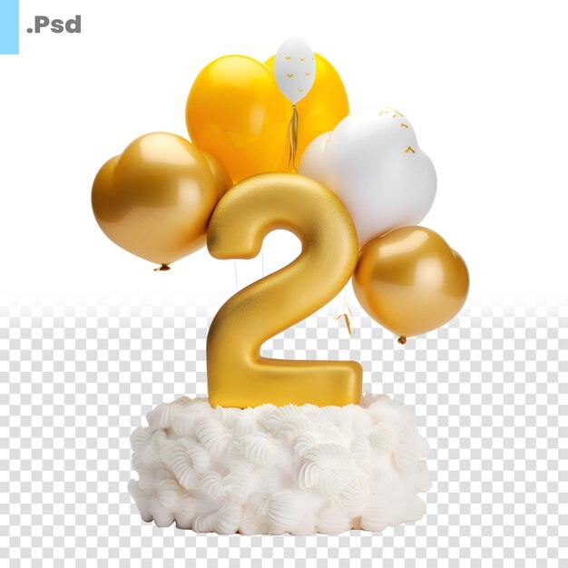 Pastel de celebración de cumpleaños número 2 con globos y crema aislados en una plantilla psd de fondo blanco