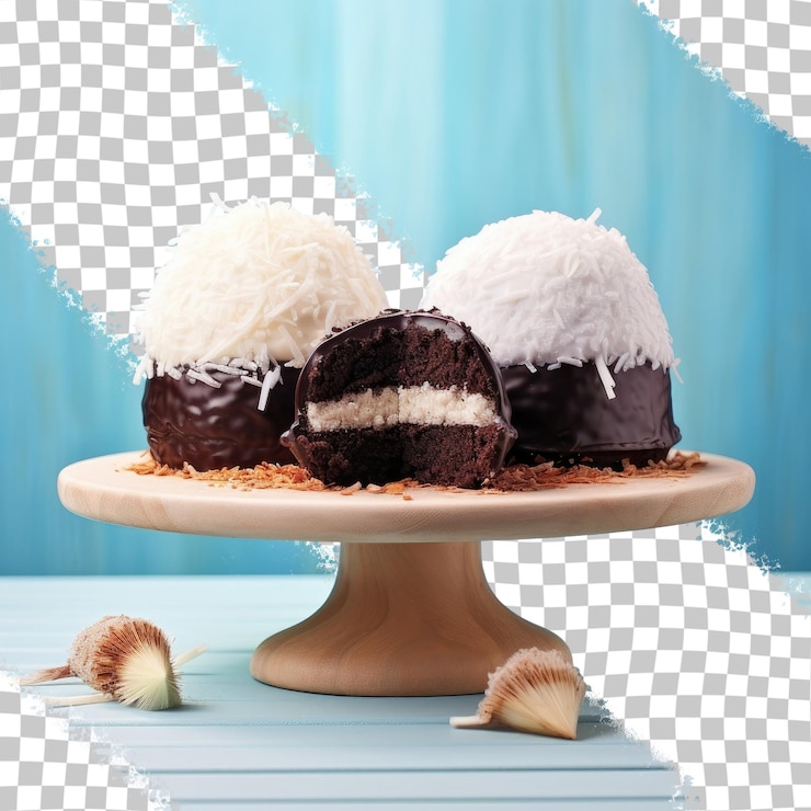 PSD pastel de chocolate con bolas de coco y letrero de venta en la mesa