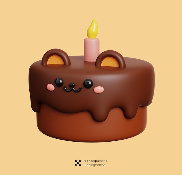 Pastel de chocolate de cumpleaños y vela con cara emoji Lindo postre dulce personaje aislado 3D