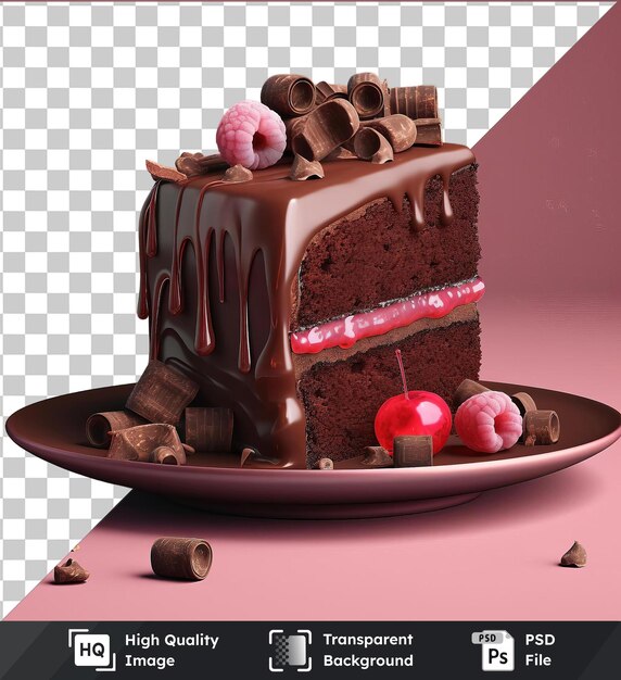 PSD pastel de chocolate delicioso transparente premium con cerezas rojas en un plato blanco colocado en una mesa rosa contra una pared rosa con una sombra negra en el fondo