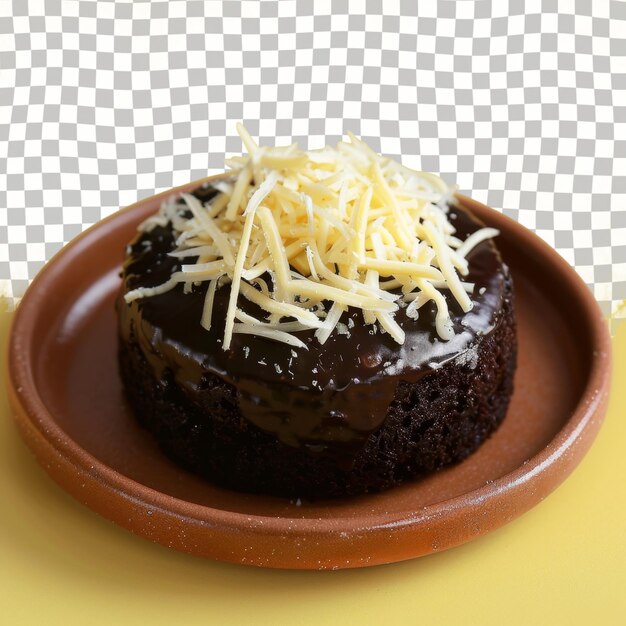 Un pastel de chocolate con queso y queso triturado en un plato