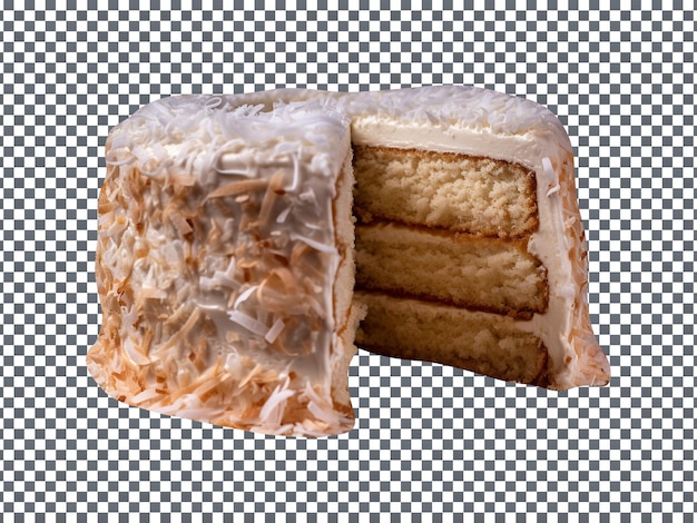 PSD pastel de coco recién horneado con una rebanada cortada aislada en un fondo transparente