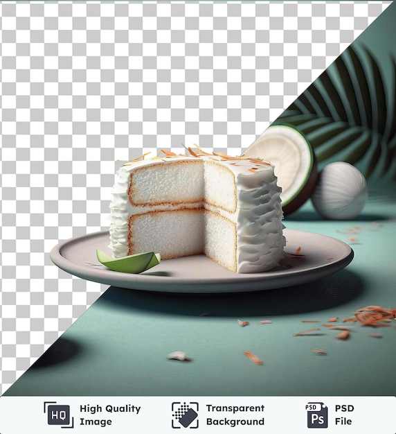 PSD pastel de coco tierno en un plato blanco colocado en una mesa azul con una planta verde en el fondo proyectando una sombra negra